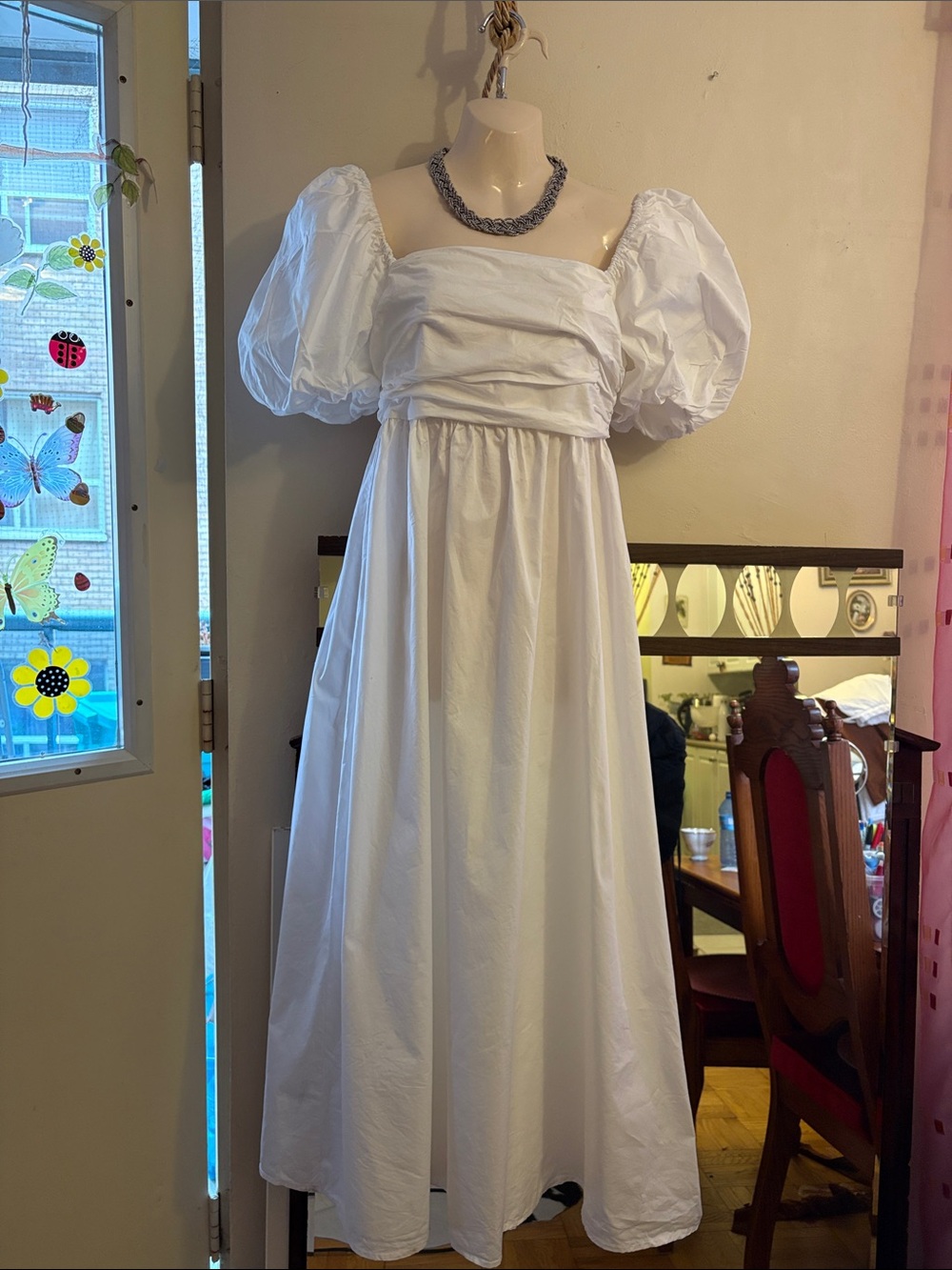 Zara White Maxi Dress with Puff Sleeves and Square Neck. Cotton